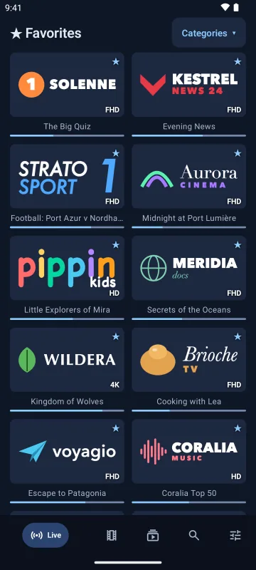 Velaria Player on an Android phone: live IPTV channels with the TV guide