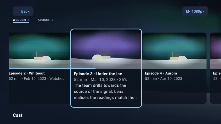 Episodes of a series in Velaria Player with the progress of the current episode