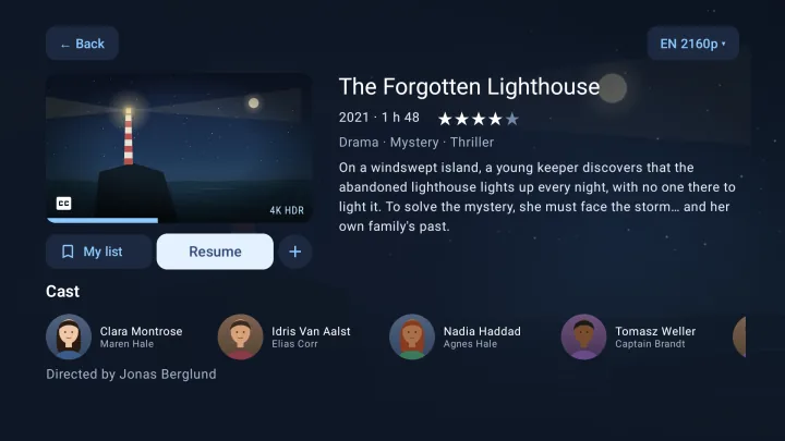 Movie page in Velaria Player: synopsis, cast, 4K HDR version and Resume button