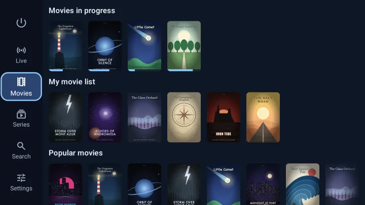 Velaria Player on an Android TV: movies in progress, My list and popular movies from an IPTV subscription